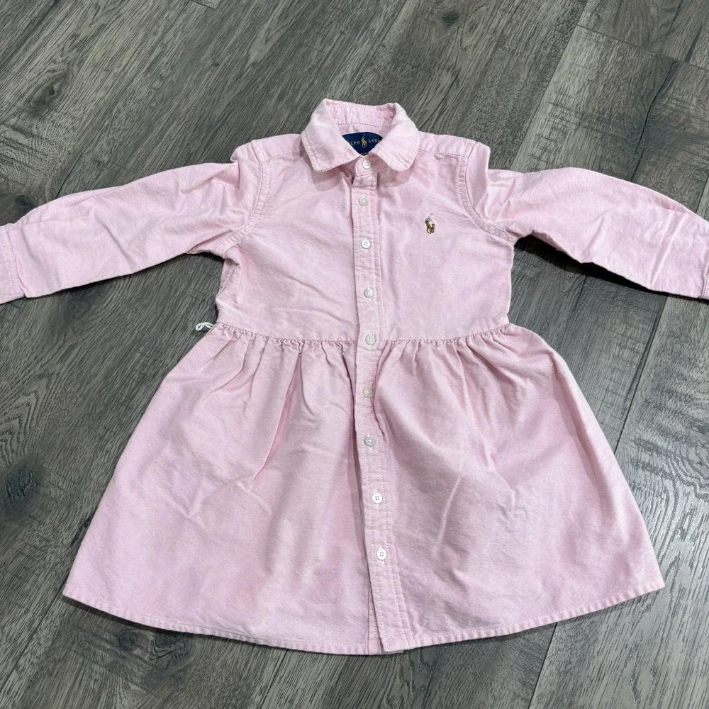 Ralph Lauren Shirt Dress Girls 3T Pink Cotton Collared Button Front Pony Logo